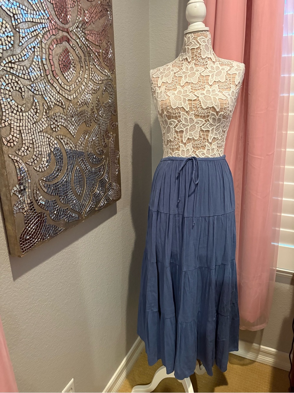 Aerie Dusty Blue Tiered Maxi Skirt with Drawstring
